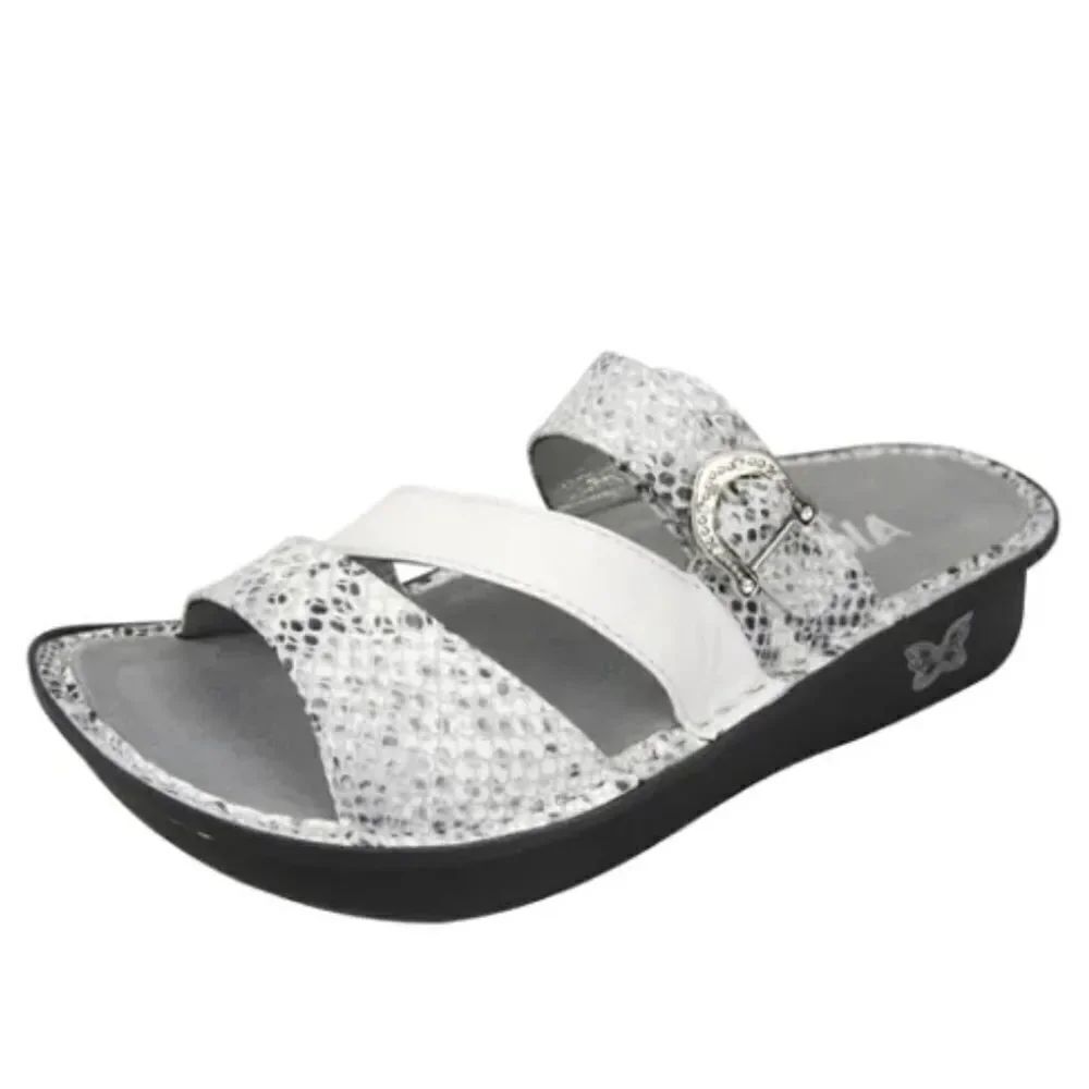 Alegria COLETTE White Metallic Silver Reptile Strappy Support Slide Sandals